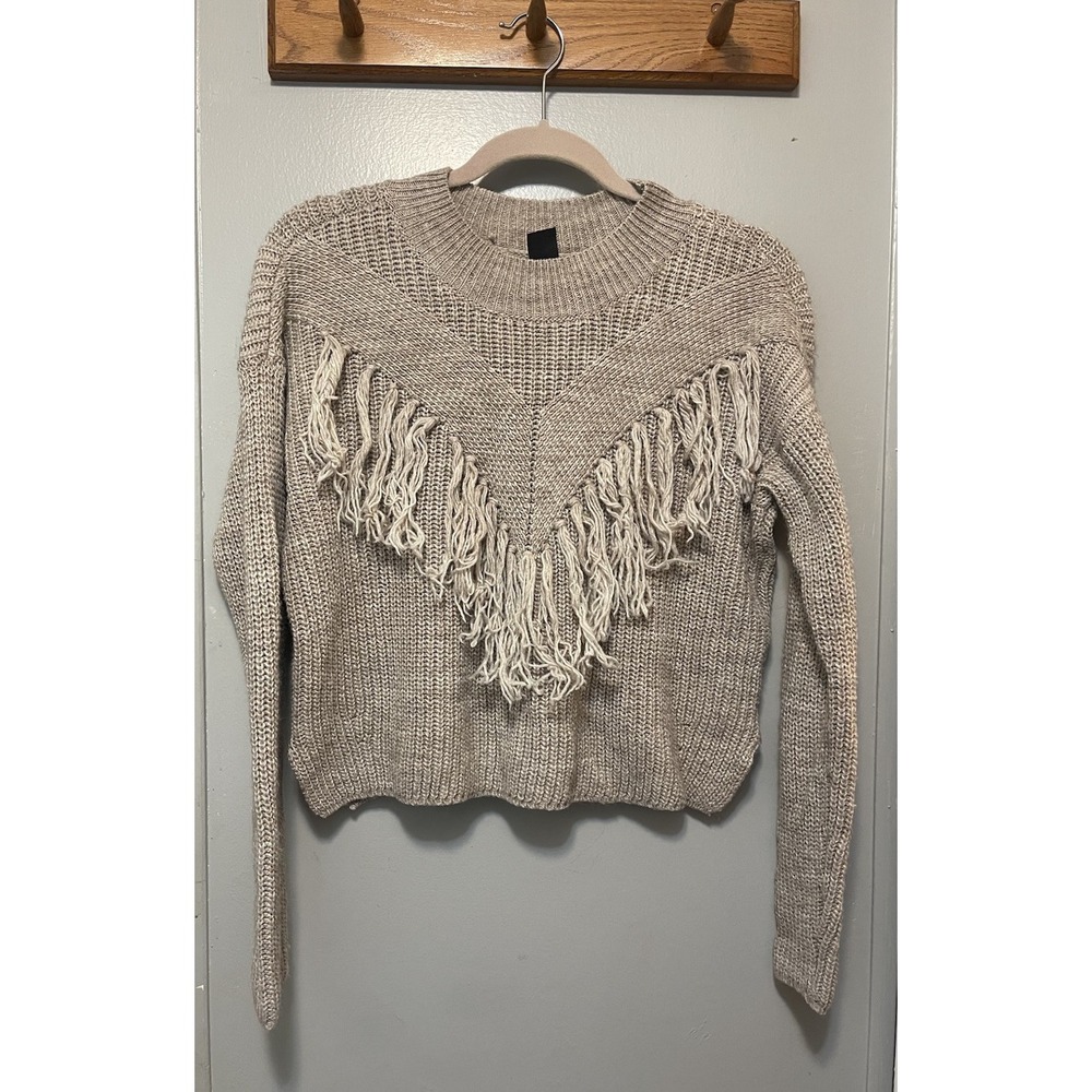 Me To We Knit Sweater Fringe Details Cropped Women's Medium Taupe Soft